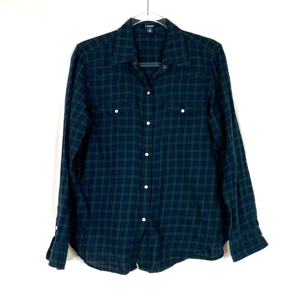 Chaps Blue Green Plaid Snap Front Shirt Long Sleeve 100% Cotton Flannel Womens L